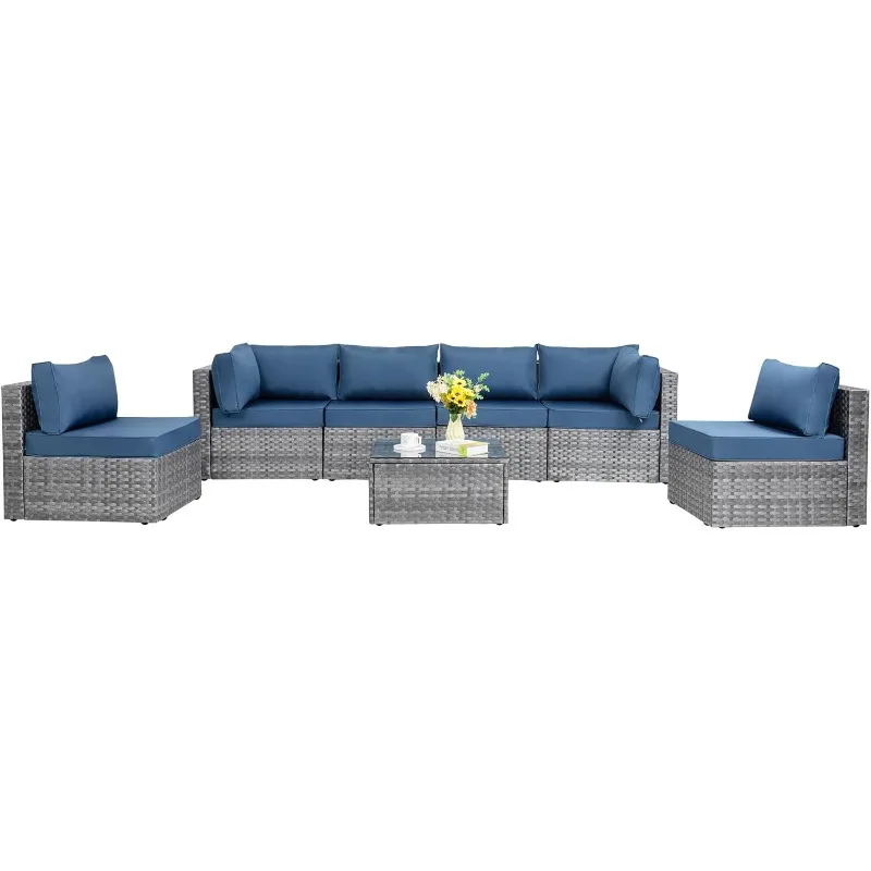 

7 Pieces Outdoor Patio Sectional Sofa Couch, Silver Gray PE Wicker Furniture Conversation Sets with Washable Cushions
