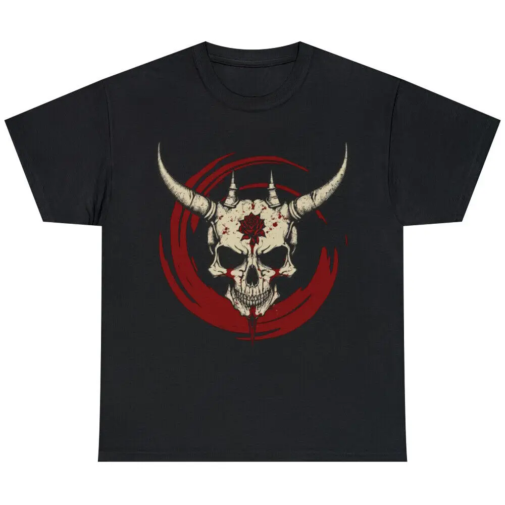 Gothic Rose Forehead Skull Tattoo With Horns In Blood Unisex T-shirt Y2K tops Unisex Summer Short Sleeve