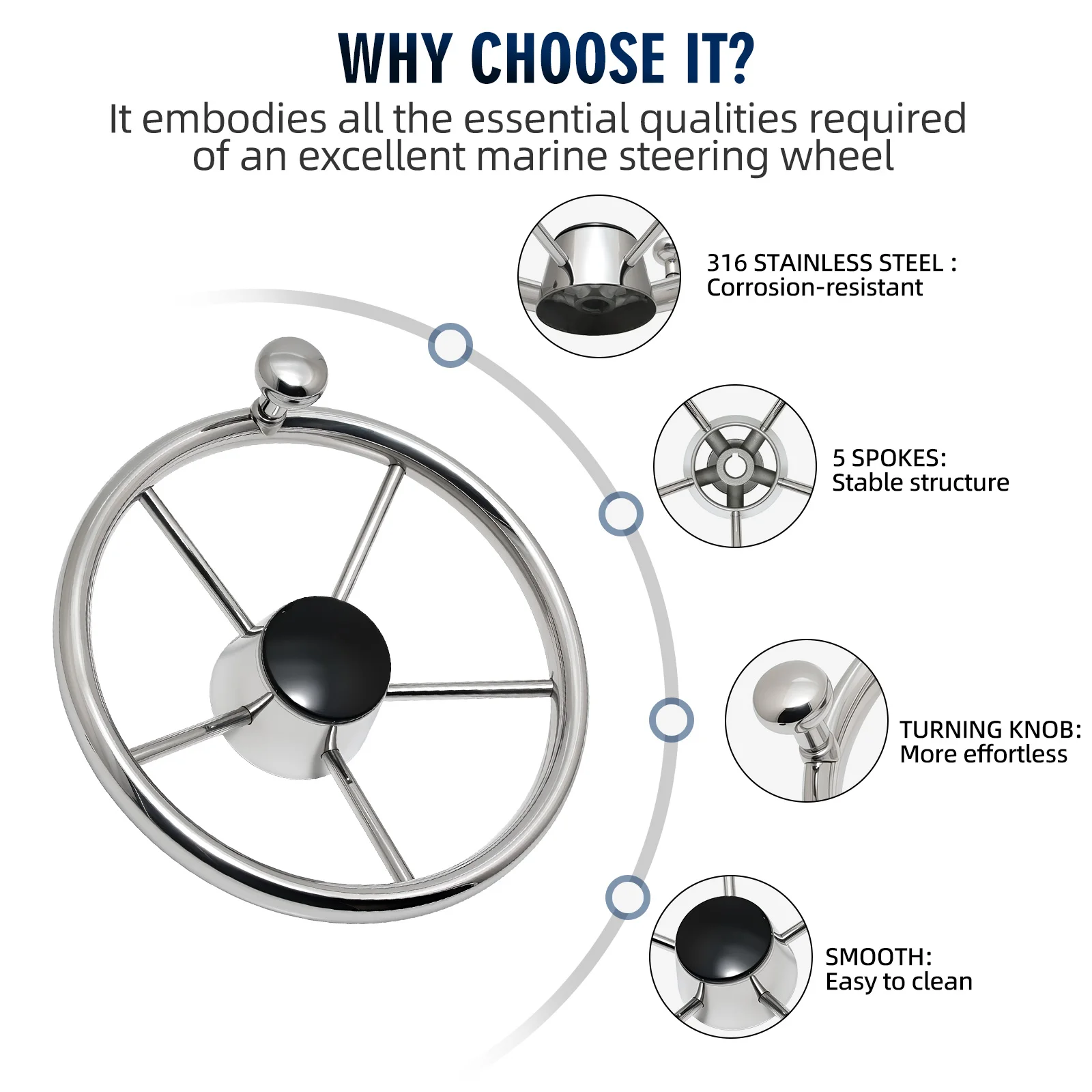 11 Inch Boat Steering Wheel With knob Stainless Steel 5 Spoke 25 Degree 11'' For Marine Yacht Boat Accessories