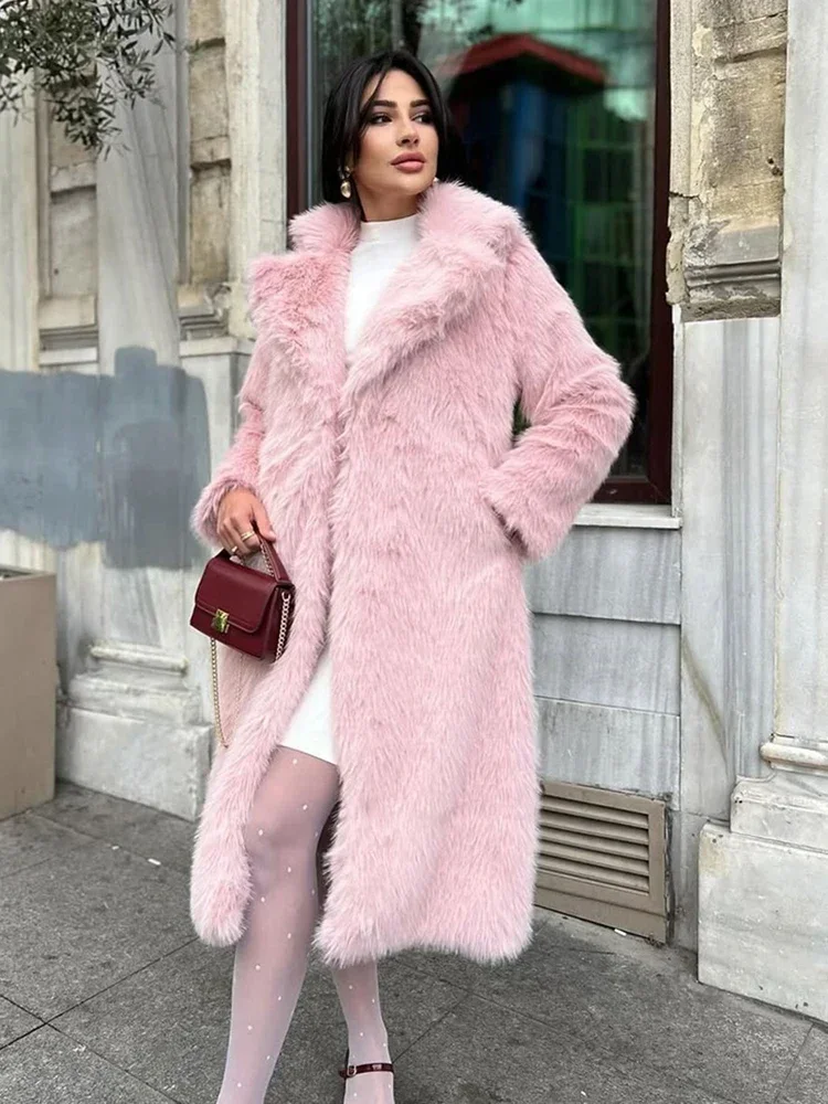 

TARUXY Imitation Fox Fur Long Coat For Women Lapel Solid Street Winter 2025 Warm Fluffy Fox Fur Jacket Female Furry Overcoat