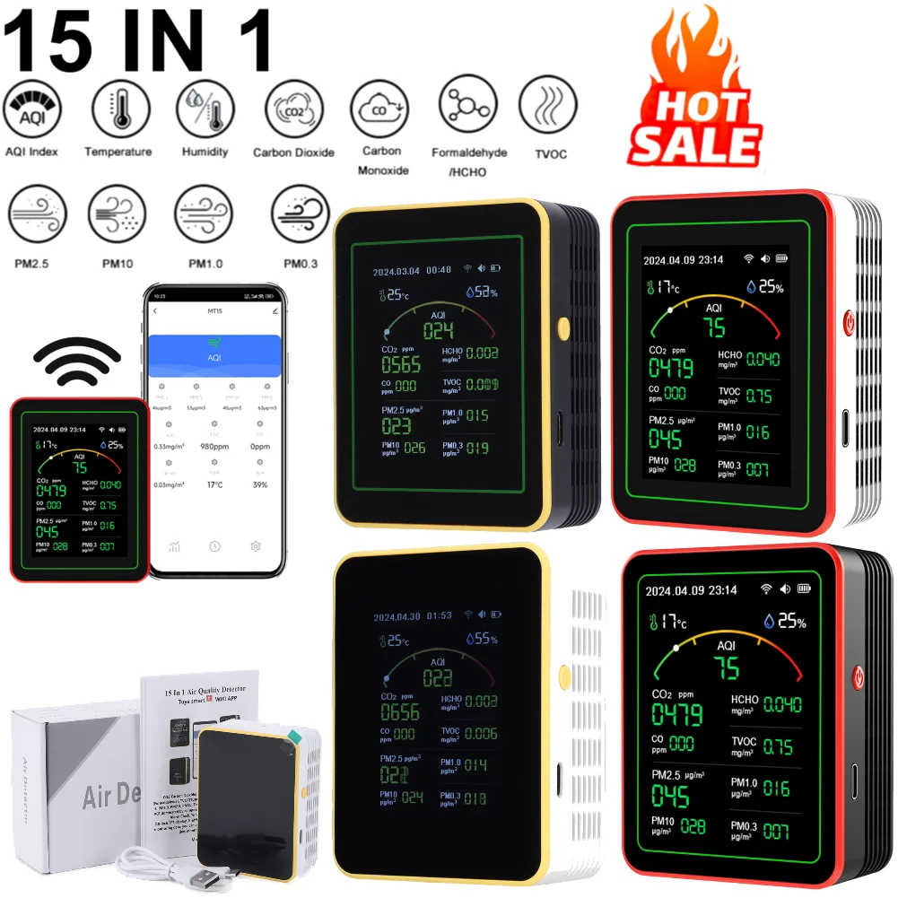 WiFi 15 in 1 Air Quality Detector Temperature Humidity Tester CO2 Meter Carbon Dioxide Detector for Home/Office/School/Warehouse