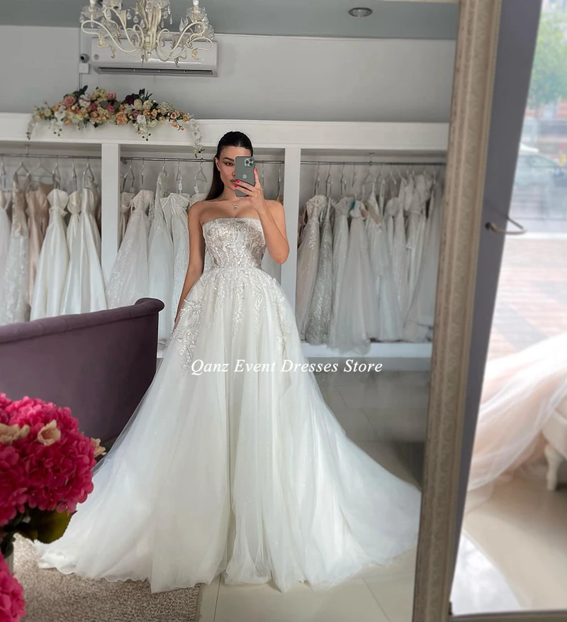 Qanz A-Linie Tüll Brautkleid 2023 Boot Hals Spitze Applikationen Vestidos de Novia abnehmbare lange Cape Ärmel Boho Robe de Mariée