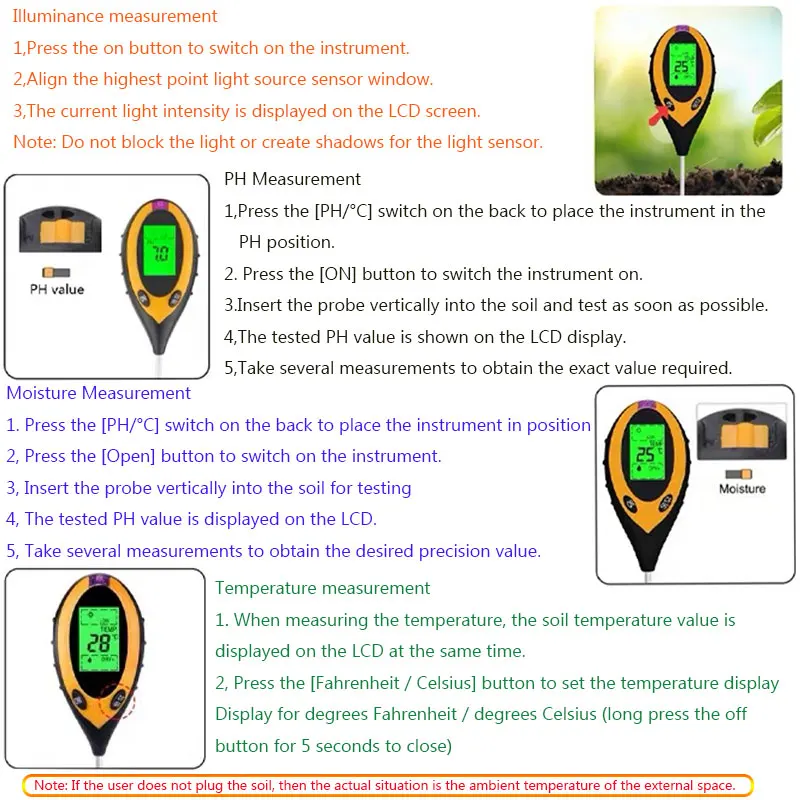 4 in 1 soil instrument illumination tester acid alkalinity meter PH moisture humidity digital display backlight test tester image 4