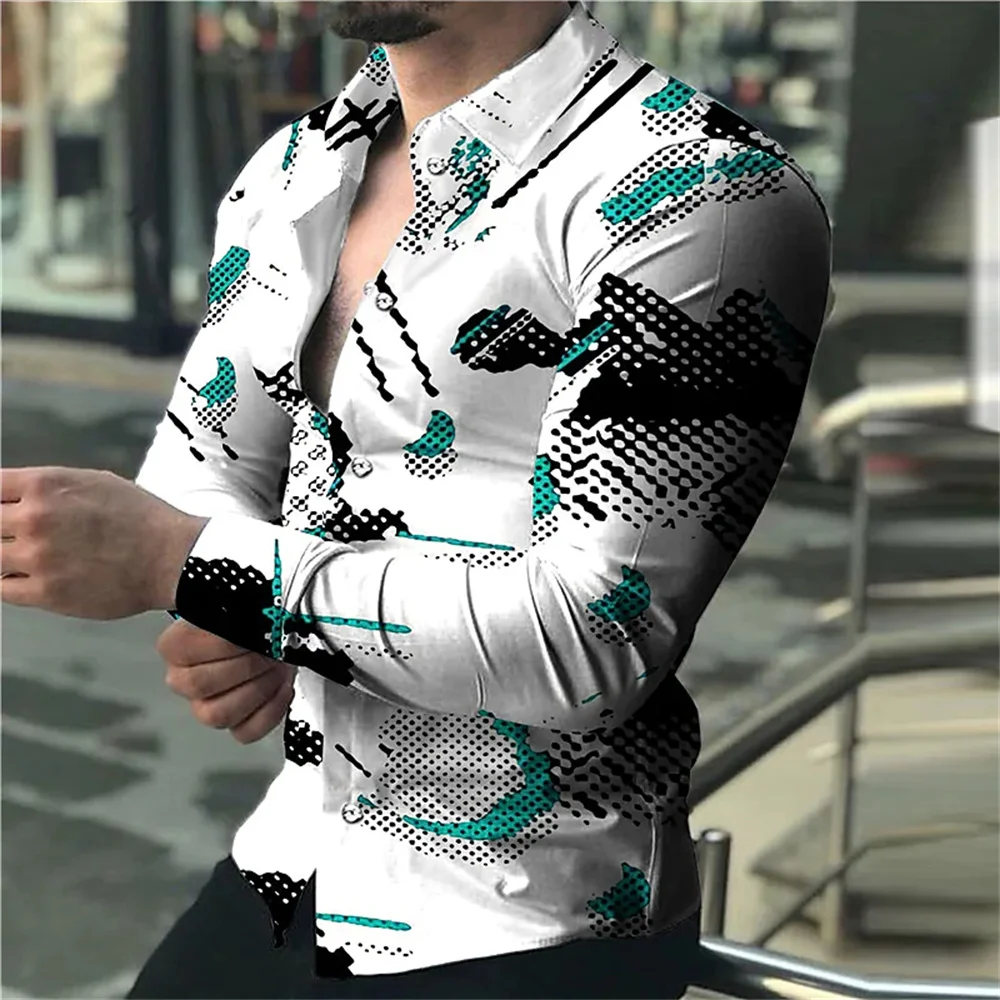 New Men\'s High Quality Luxury Prom Fashion Social 3D Line Graph Print Polo Button Fashion Designer Long Sleeve Men\'s Shirt 2023