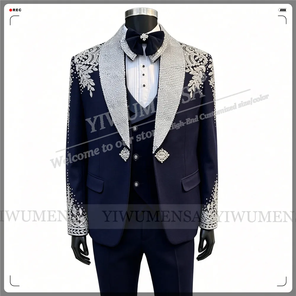 Unique Design Suit Men For Wedding Sparkly Sequin Label Prom Blazer Customized 3 Piece Set Groom Formal Party Tuxeods Man Outfit