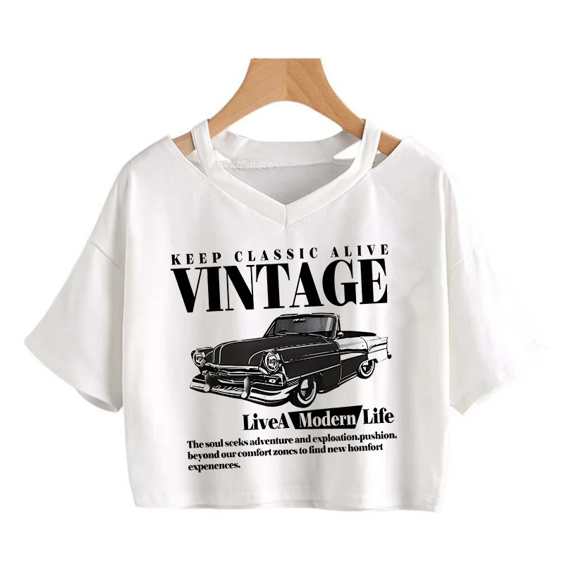 Vintage Car Retro Keep Classic Alive Cropped Girls Crop Top T Shirt Women's Print Shirt T-shirt Sexy