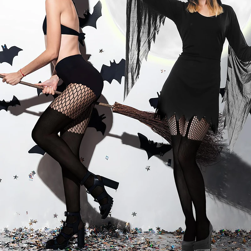 1 Paar Damen-Faux-Oberschenkelstrümpfe, Netzstrumpfhose, schwarze Halloween-Kostümstrumpfhose über dem Knie, Goth, gestreifter Hosenträger