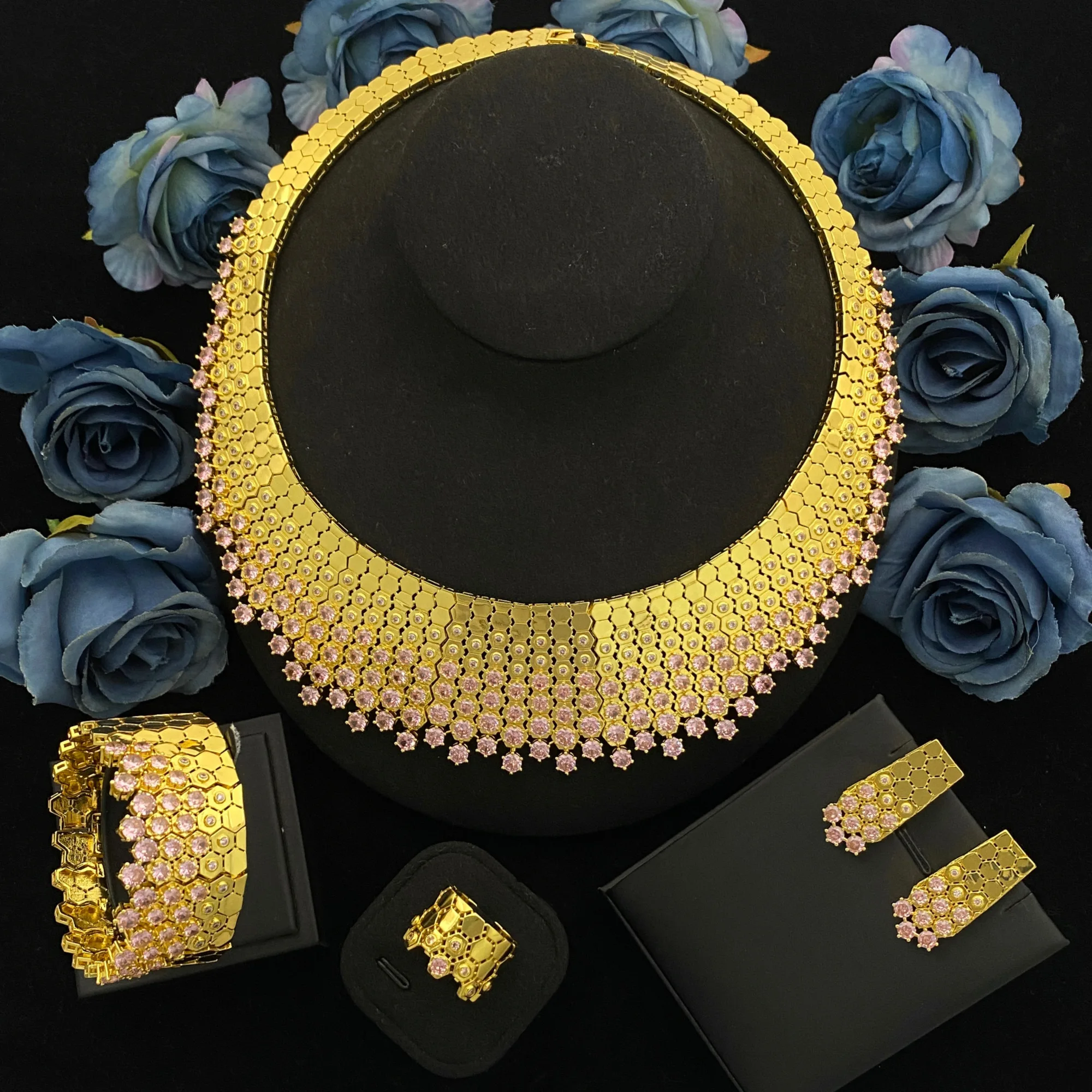 

JRH вневременной элегантный комплект ювелирных изделий из 4 предметов, циркониевое ожерелье, серьги, браслет, кольцо с покрытием, классический подарок для женщин, юбилей