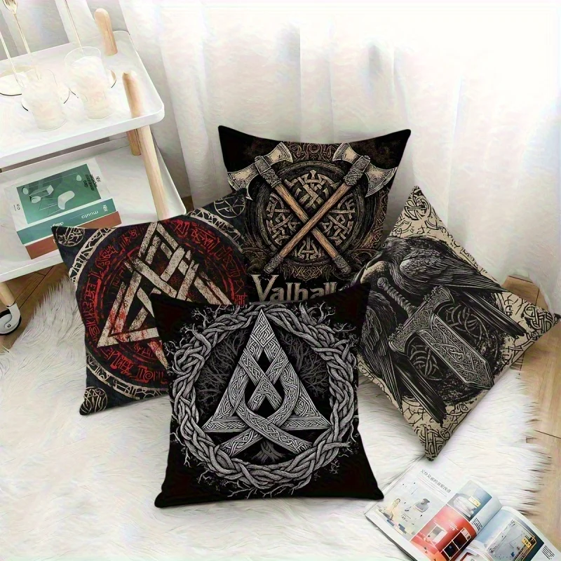 High Quality Printed Viking Norse Mythology Pillow Covers Set of 4 Polyester Bohemian Scandinavian Accent Throw Pillows for Livi