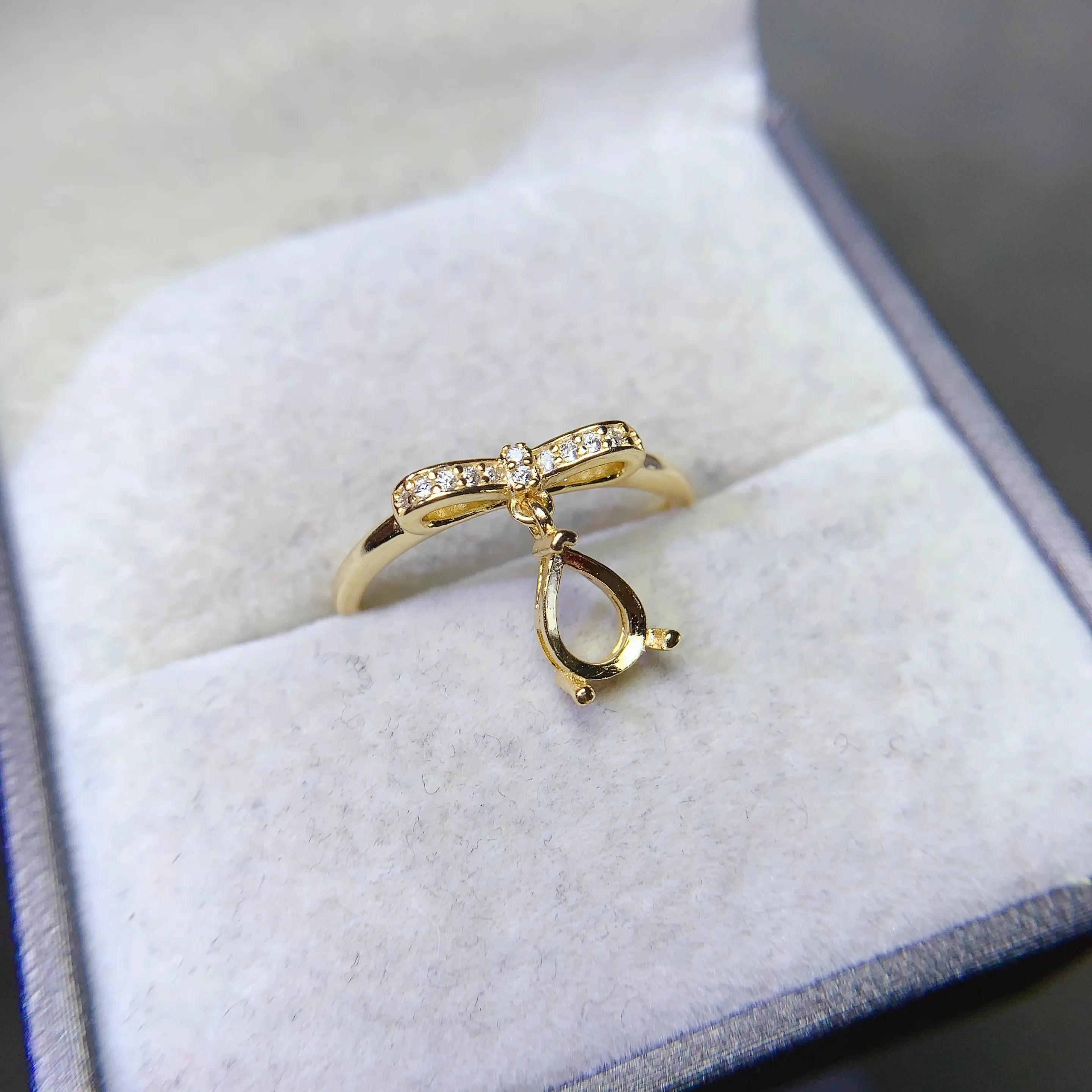 L 5*7mm Waterdrop Shaped Stone Settings S925 Sterling Silver DIY Bow Ring Fine Weddings Design Charm Luxury Zircon for Woman