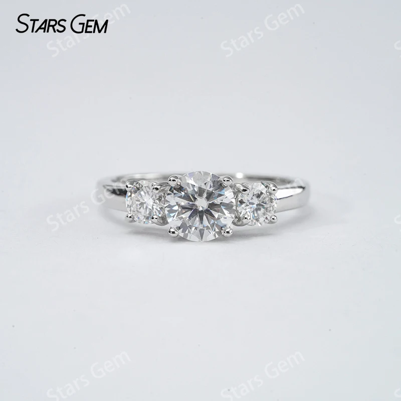 Starsgem S925 Sterling Silver Round Brilliant Cut Moissanite Three Stone Engagement Ring