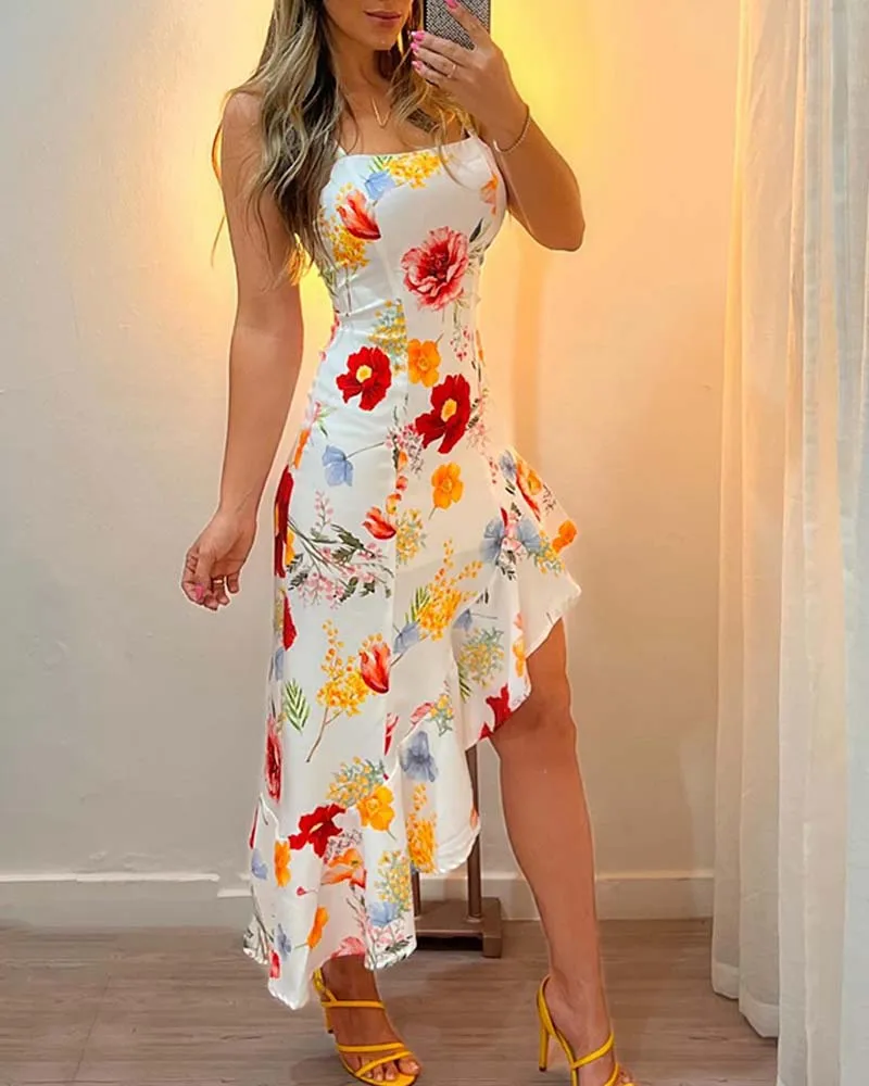 Dress Women Long Dresses Print Floral Slim Fit Sexy Sling Sleeveless Irregularity Ruffles Mid Length Vestidos Elegant Splice