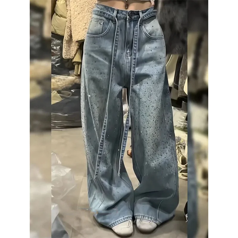 American Retro Starry Hot Diamond Splicing Jeans For Women Autumn Winter Fashion Loose BF Style Long Wide-leg Denim Pants