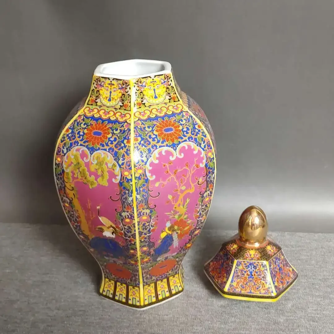 Antique Traditional Chinese qing dynasty vase Enamel Hexagonal Ceramic Ginger Jar Collection Jingdezhen Vase