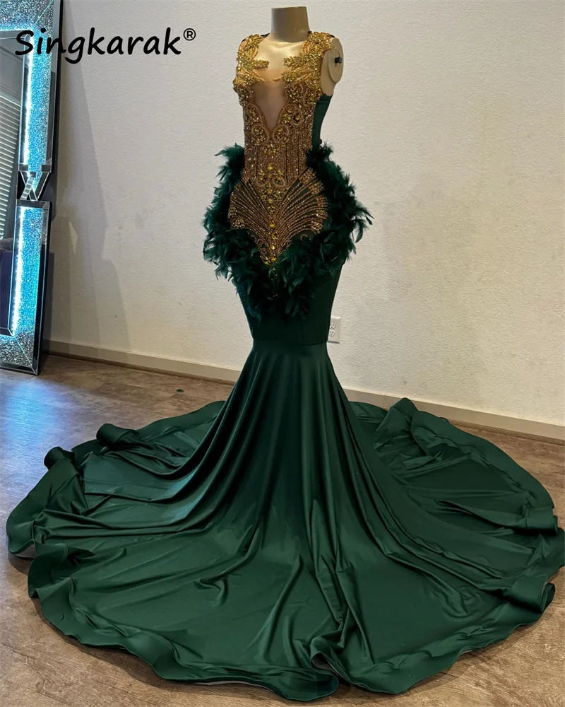 New Diamonds Green Prom Dress glitter Crystals strass Beads Feathers Birthday Party Dress abito da sera Robes personalizzato