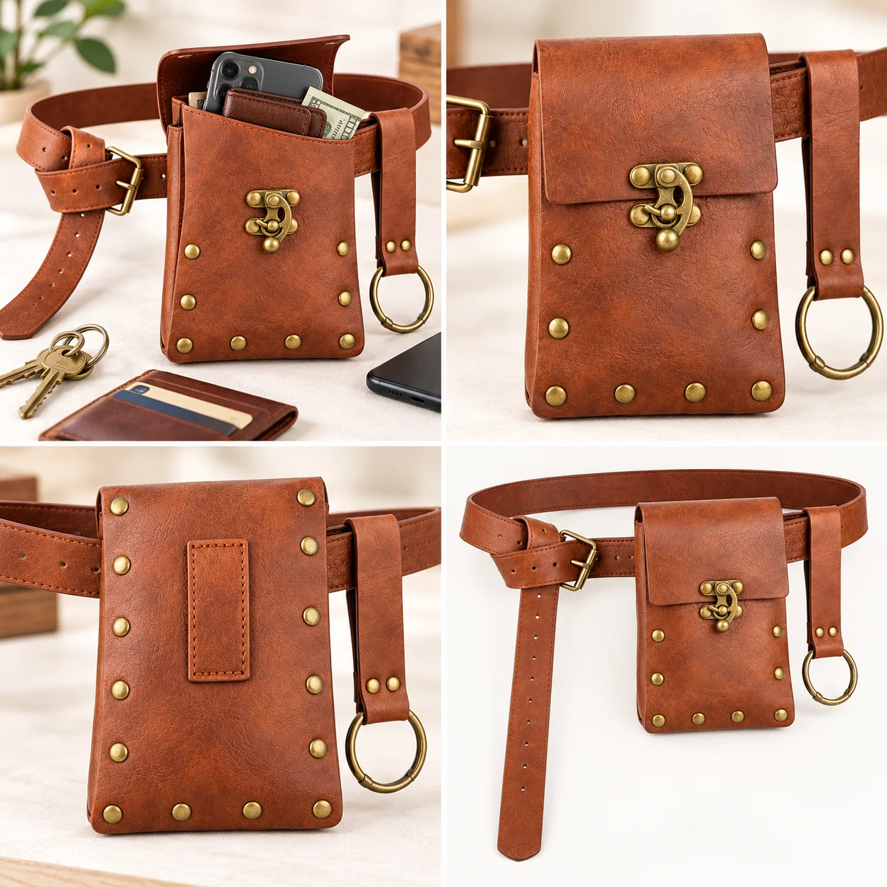 Bolsa de cintura de cuero marrón de estilo vintage con cinturón ajustable, bolso retro para llevar en la cadera con hebilla de latón y anillo metálico, para hombres y mujeres.