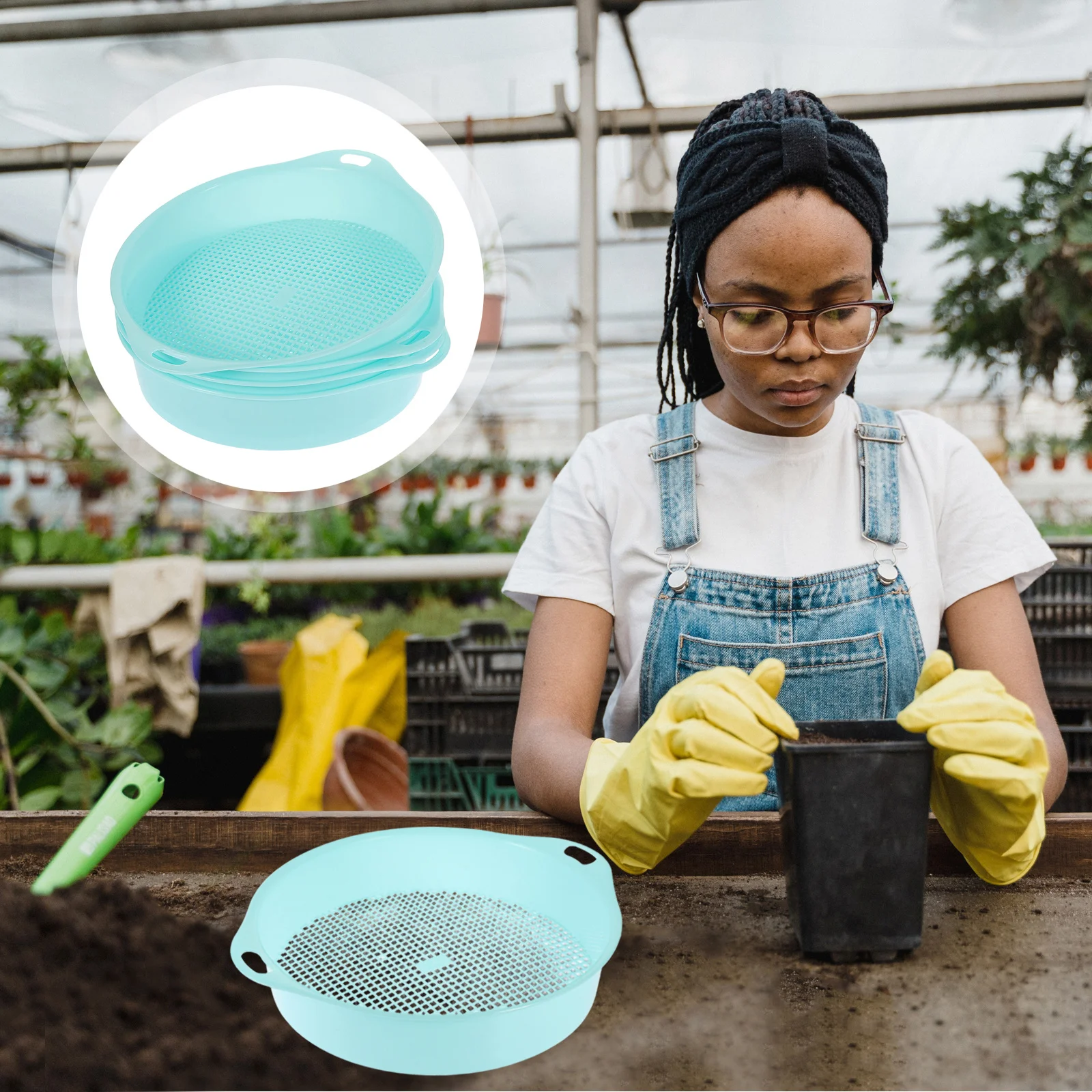 4 قطعة غربال حديقة بلاستيكي أخضر مع مقبض شبكة التربة لغز لأداة فحص حجر السماد خفيفة الوزن متينة حديقة صغيرة