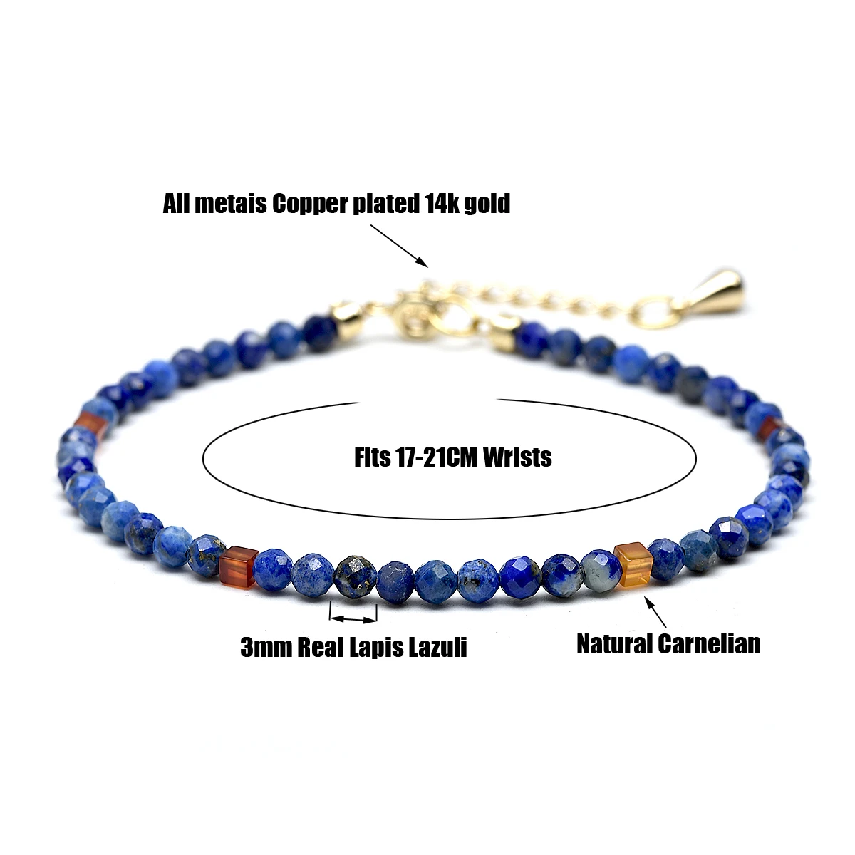 3mm Elegant Real Blue Lapis Lazuli and Carnelian Crystal Gem Stone Bracelets for Women Copper Plated with 14K Gold Jewelry