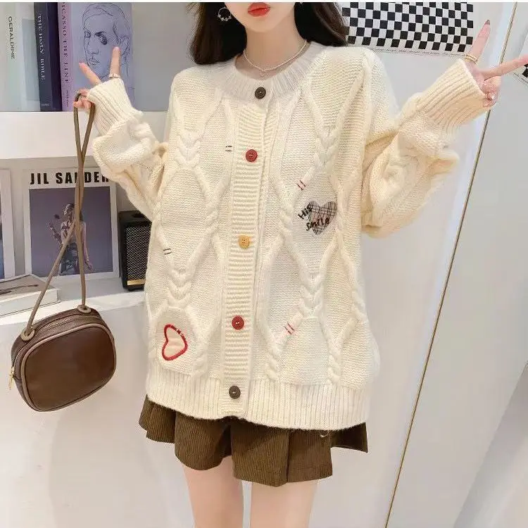 Soft Waxy Fried Dough Twists Sweater Cardigan Women's Small College Style Loose Knit Coat