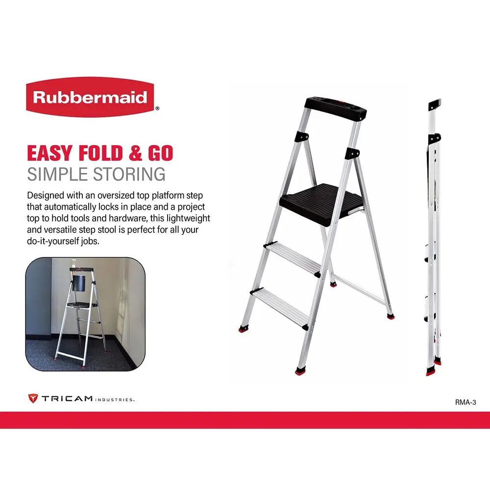 

3Step Ladder, Aluminum Lightweight Folding Step Stool with Project Top, Silver, Tested to US Safety Standards, No Assembly Requ