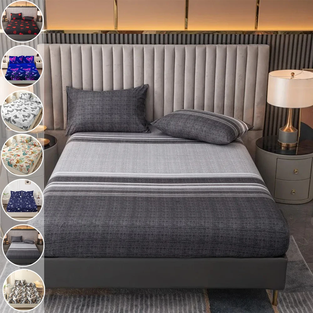 

3Pcs Fitted Bed Sheet Set with Elastic Band Printed Mattress Protector Cover Pillowcases Single Queen King Size for Home Hotel