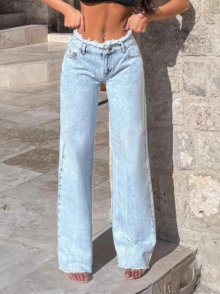 Nischen-Jeans mit Fransen für Damen im Frühling und Herbst, hoch taillierte, schlankmachende, locker sitzende Hose mit weitem Bein, bodenlange Hose