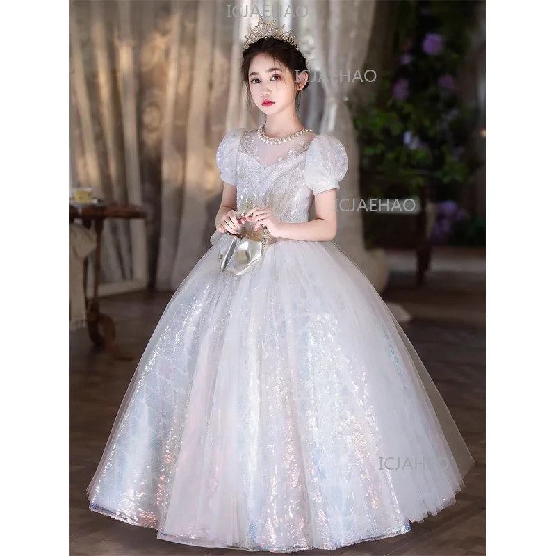 Children Girls White Formal DressElegant Piano Performance Wedding Flower Girl Costume Host Kids First Birthday Princess Gown