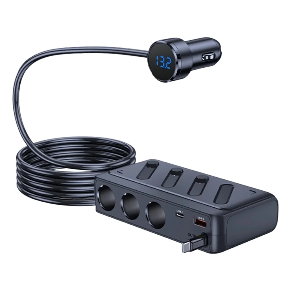 12V 24V for triple Socket Car Charger Adapter with Retractable Type C PD Cable for SUV Truck for rv Electronic Devices