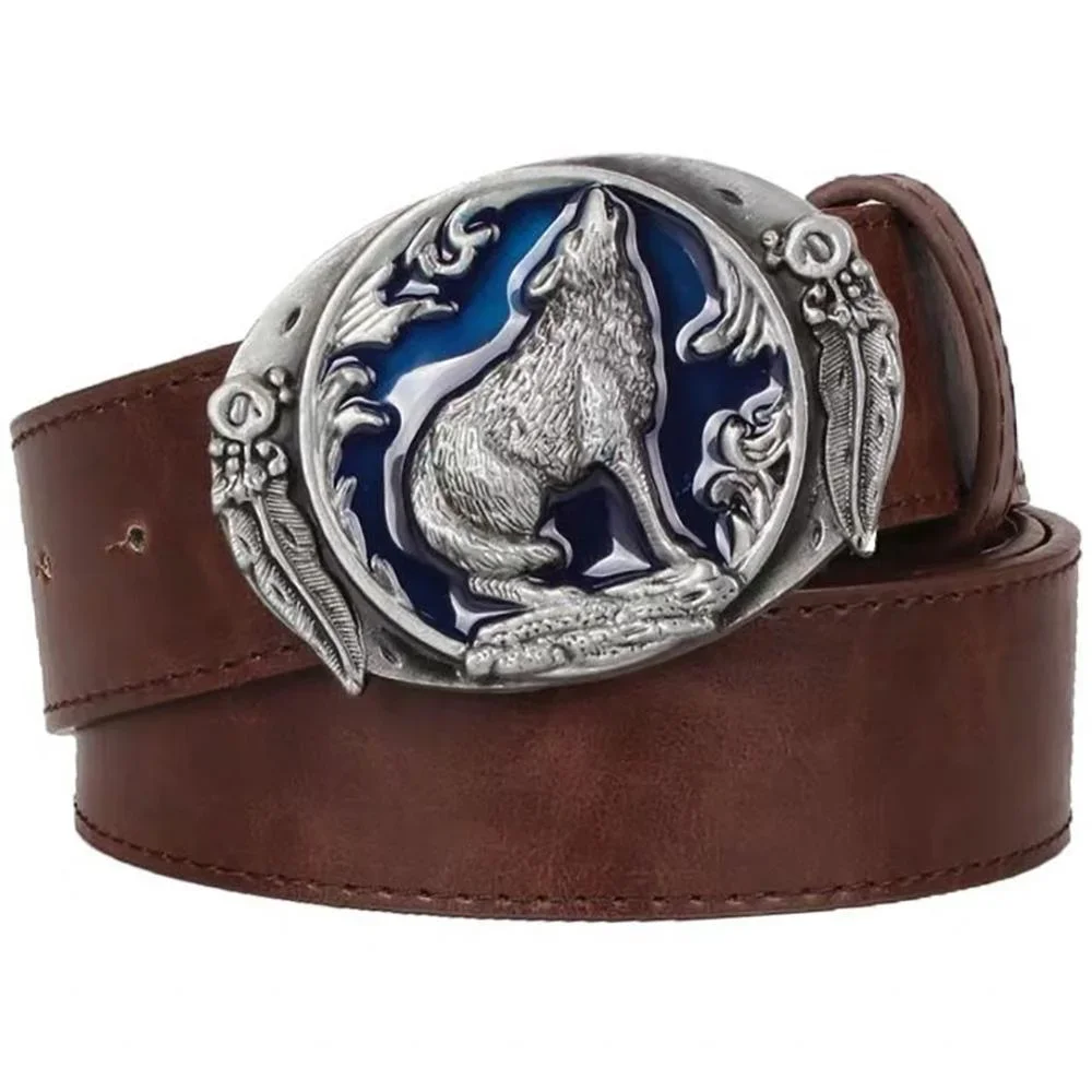 

Zinc Alloy Forest Animal Coyote Howling Metal Belt Buckle Laser Carving Wolf Jeans Oval Craft Buckles for 4cm Leather Belt