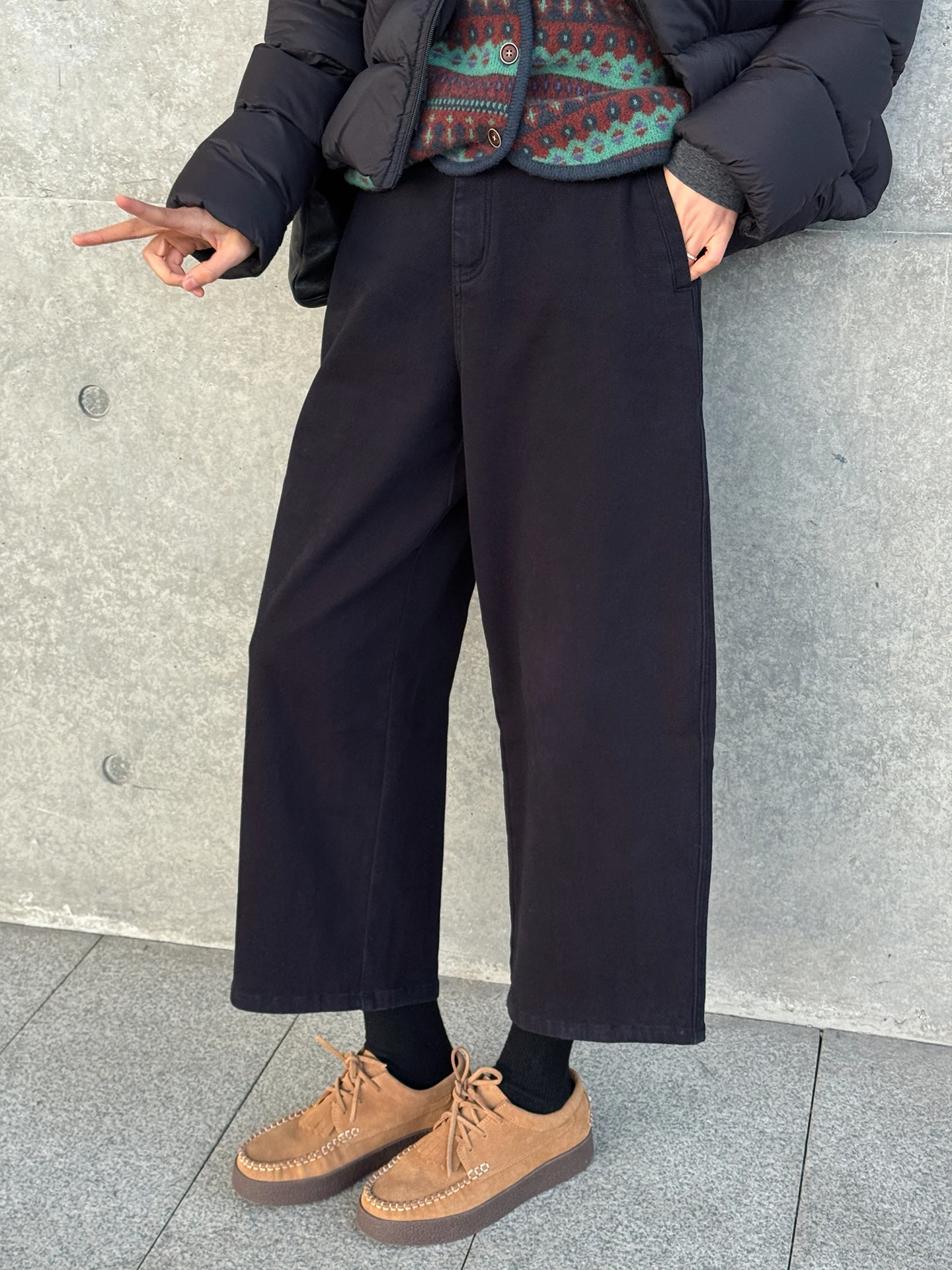 

Langqing Retro Waed Fce Lined 9-Length Straight Leg Pants Women's Early Spring New Sle Warm Cotton Casual Trousers