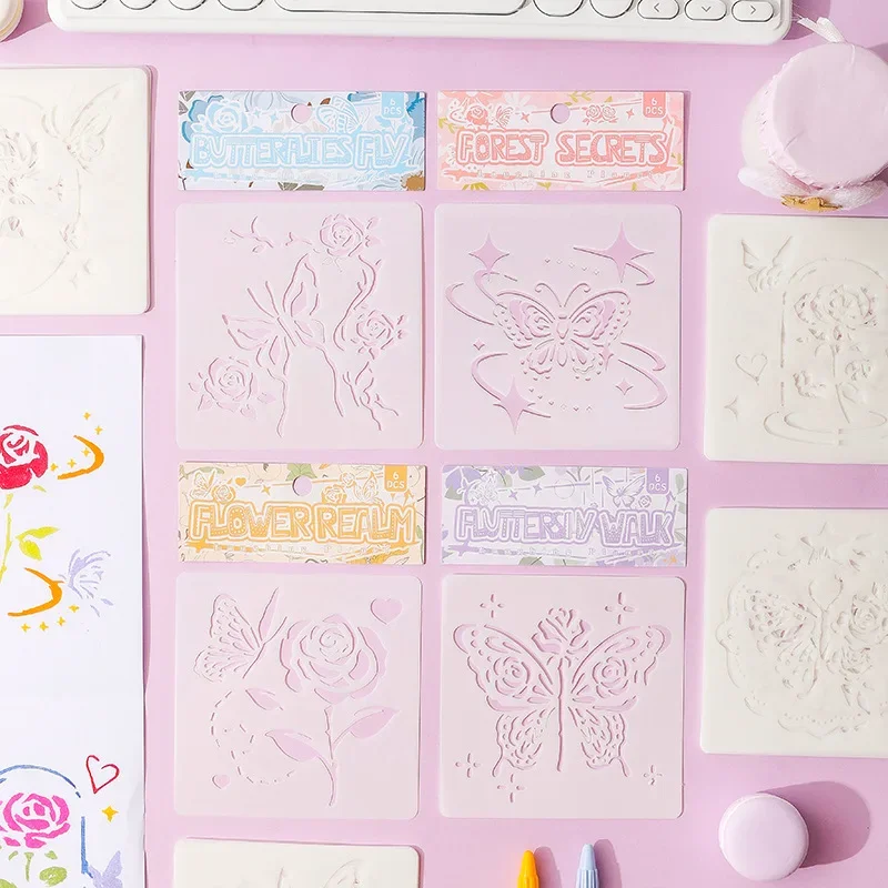 

6pcs/set Forest Garden Butterfly Scrapbook Stencil Templates Hollow Rose Floral Moon Stencils for Painting Student Supplies