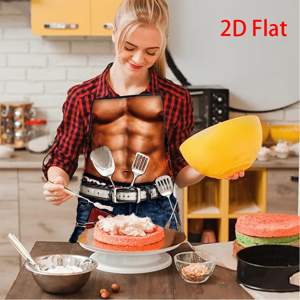 1pc 2D Flat Printed Funny Muscular for Man Torso Grill Instructor Apron Fake Abs Blue Jeans Silver Utensils Fire Background Nove