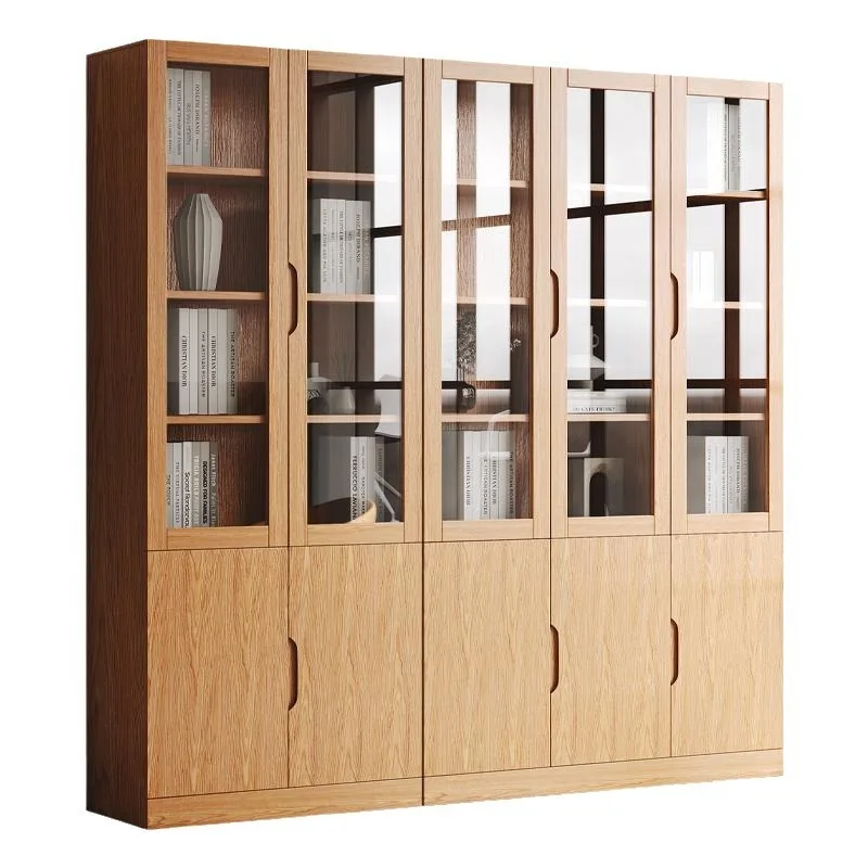 

All solid wood bookcase Nordic with glass door Modern Nordic oak floor-to-ceiling office filing cabinet
