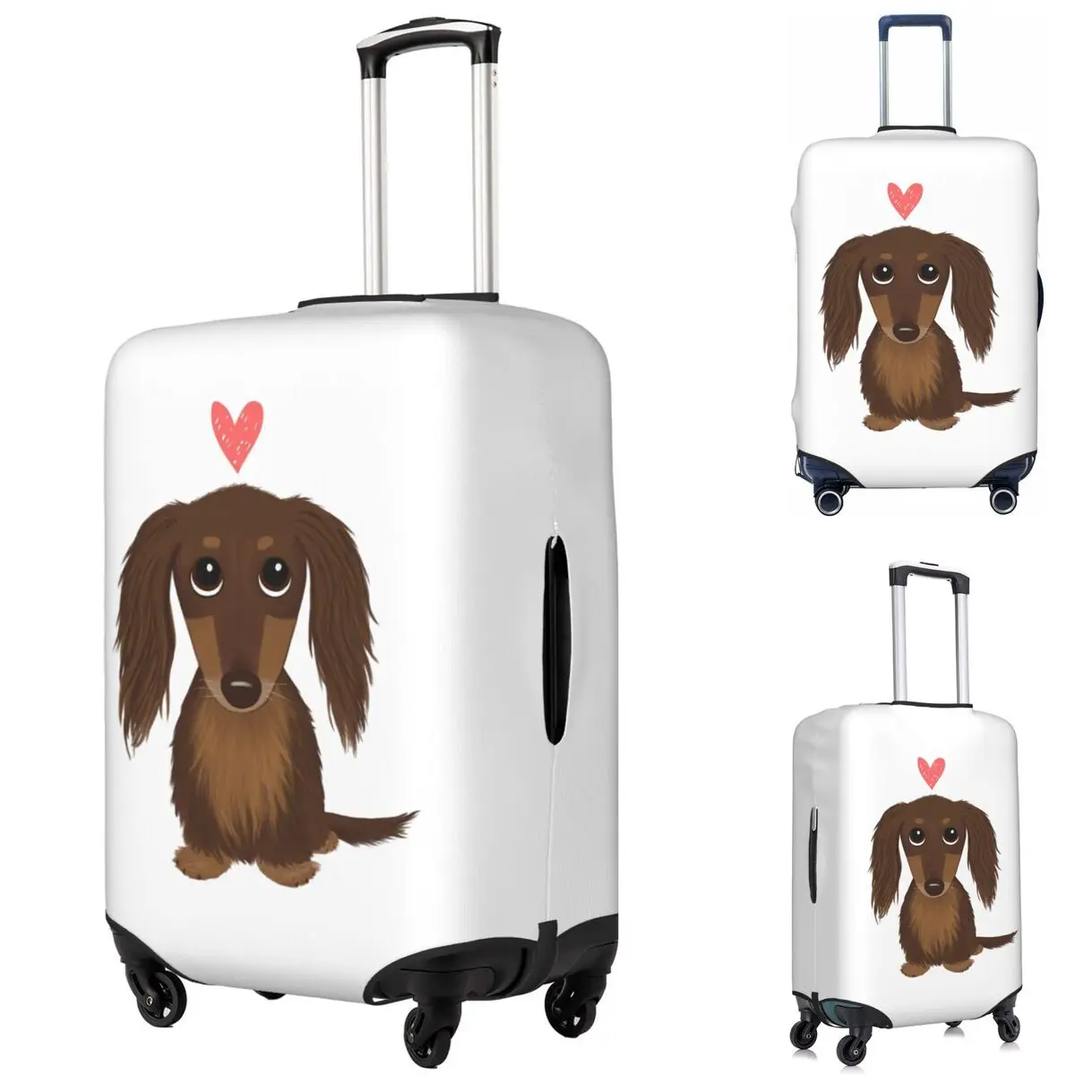 

Cute Dog Longhaired Chocolate Dachshund Wiener Dog With Heart Suitcase Cover Protection Elastic Travel Luggage Protector Covers