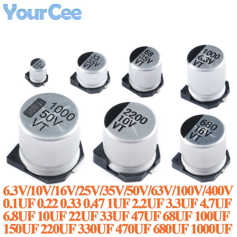 50pcs/10pcs SMD Electrolytic Capacitor Aluminum 6.3V 10V 16V 25V 35V 50V 63V 100V 400V 1UF 4.7UF 10UF 47UF 100UF 470 680 1000UF