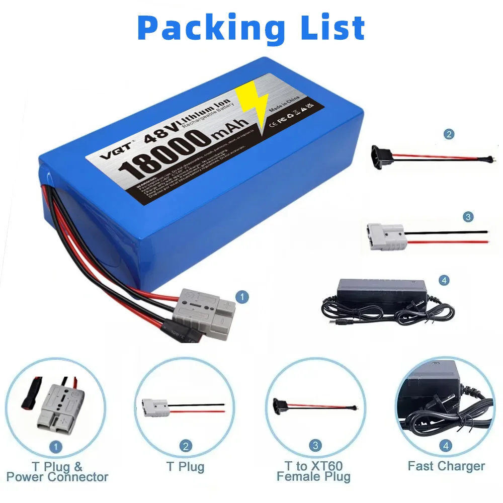 VQT grande capacité 48V 18Ah 18650 batterie au lithium 18000mAh lithium-ion batterie de vélo électrique moto + chargeur