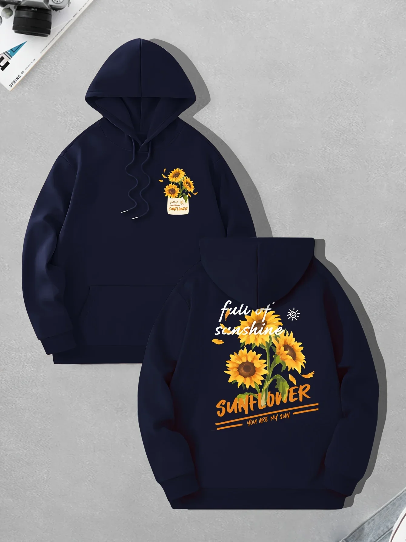 Men's Hooded Sweatshirt with Double-sided Sunflower Floral Slogan Print, Loose and Soft, Perfect for Everyday Street Style.