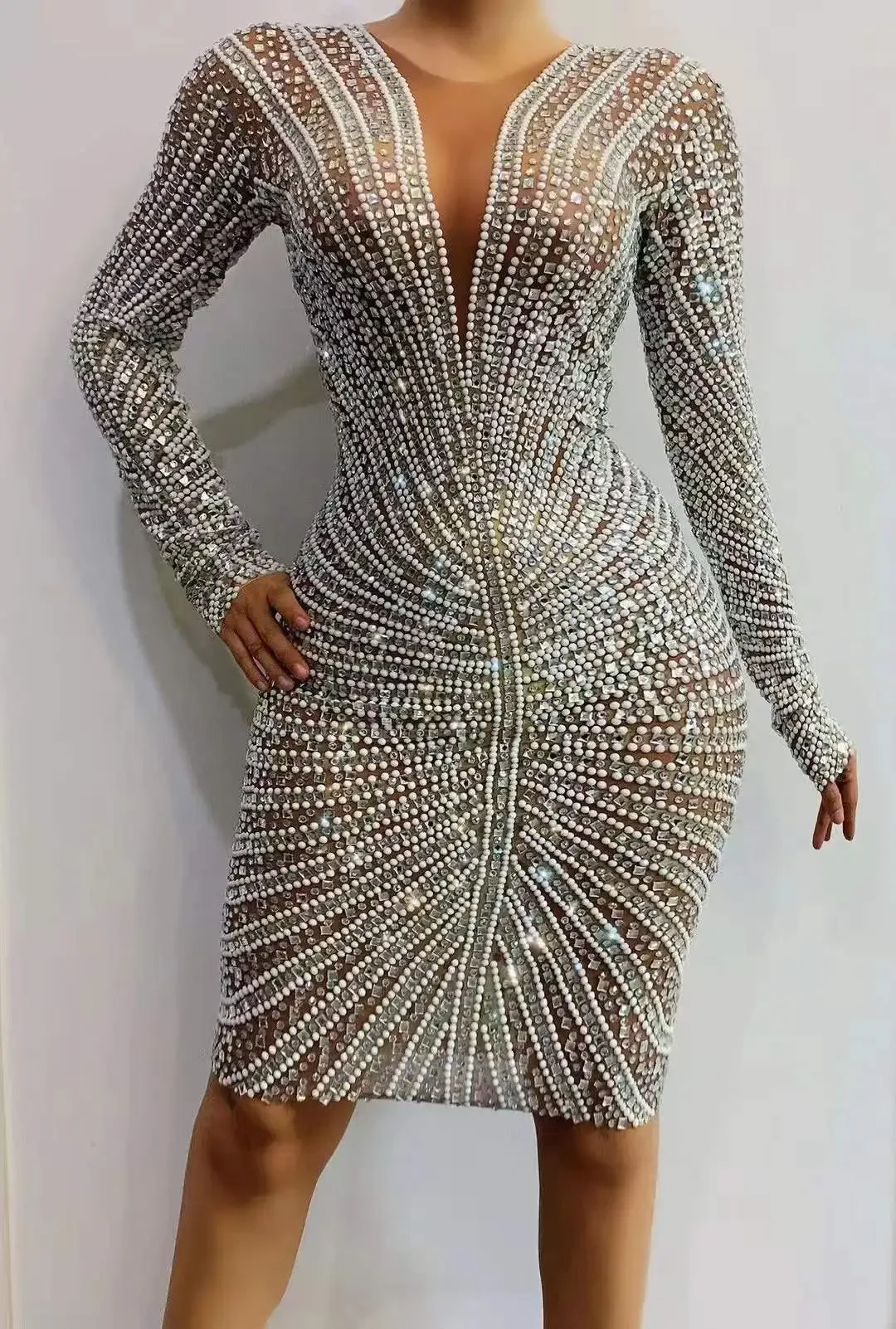 

Women Nightclub Sparkly Dress Long Sleeve Rhinestones See Through Sexy Mesh Dresses Lady Singer Dancer Adult Stage Wear Costume