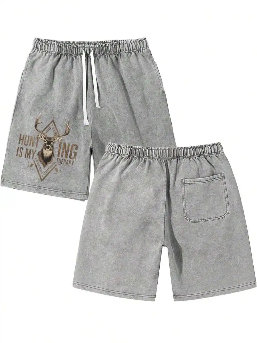 

Mens Vintage Washed Graphic Shorts Hunting Is My Therapy Deer Print Casual Summer Elastic Waist Drawstring Loose Fit Outdoor