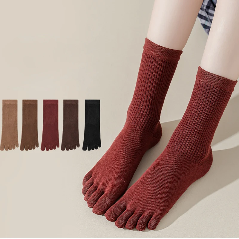 5 Pairs Vintage Women's Harajuku Socks with Fingers Cotton Mid-tube Japanese Style Spring Autumn Solid Dark Color Tabi Toe Socks