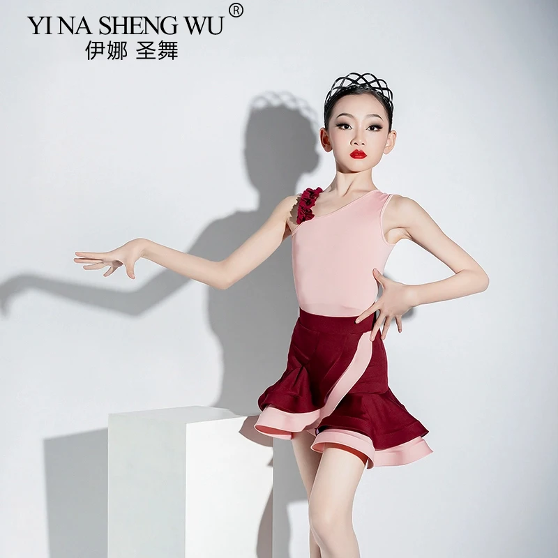 Robe de danse latine pour filles, ensemble body d'entraînement de Salsa Cha Cha et jupe à volants, combinaison d'entraînement professionnelle fendue pour enfants