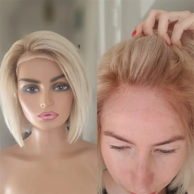 

Ombre Platinum Blonde Natural Hair Women Wigs Short Straight Bob Synthetic Soft Lace Frontal Wig Ready To Ship High Quality Wig