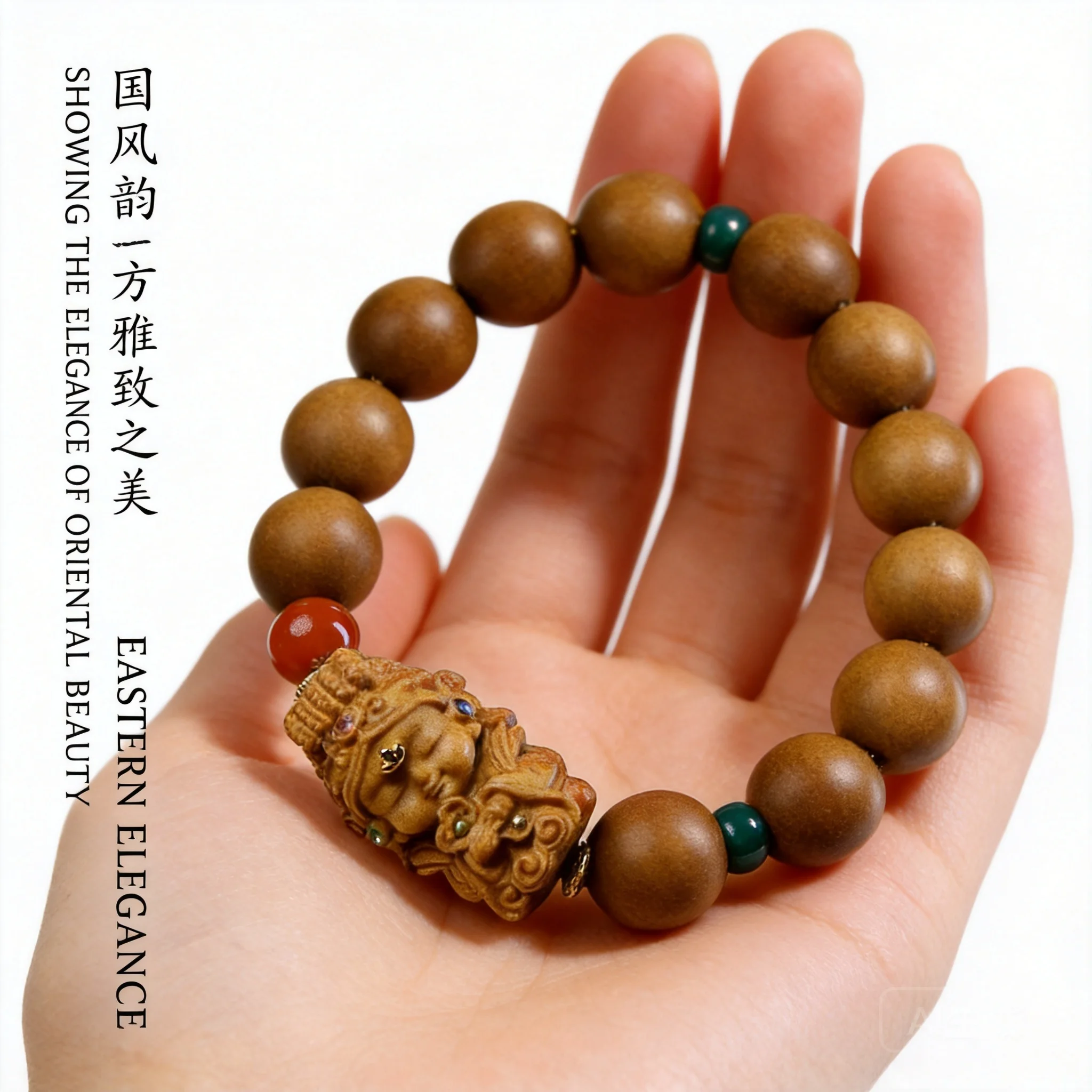Pulsera de cuentas de sándalo de montaña antiguo de estilo chino natural, amuleto Mazu tallado a mano, para la buena suerte, bendición, fortuna, oración y espiritualidad