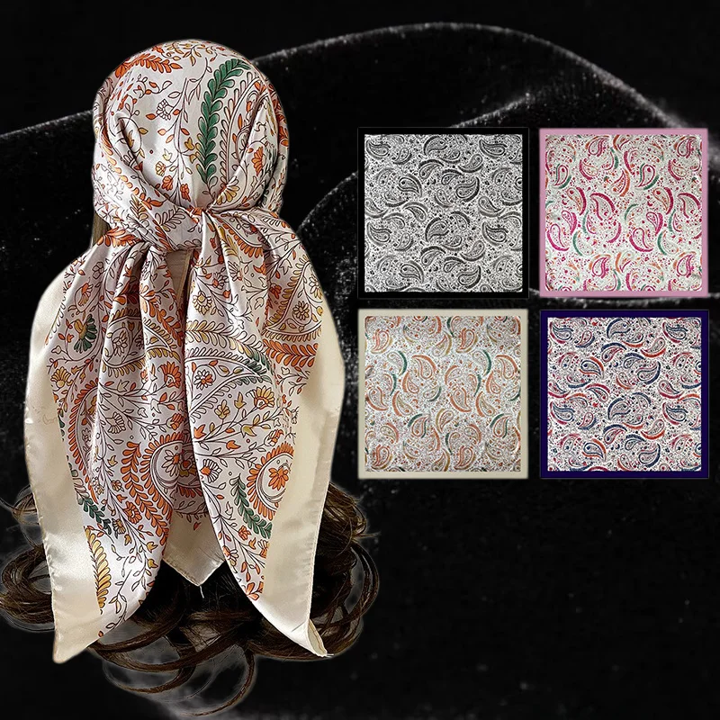 90cm Paisley Print Satin Square Scarf Elegant Retro Headscarf Artistic Accessory Black White Paisley Print Women Elegant Elegant