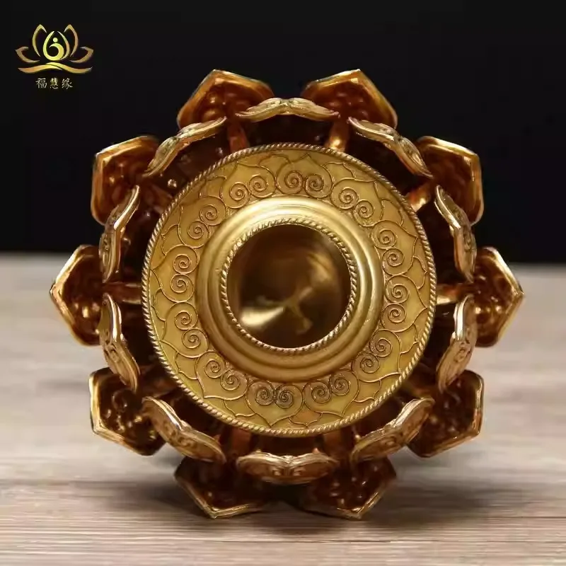 Huibao pure copper hand-cranked rotating base, Tibetan-style, double-layer lotus design, 10cm in diameter