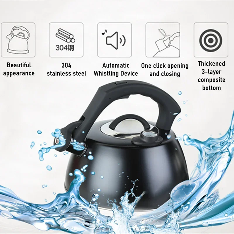 304 Stainless Steel Induction Whistling Kettle with Temperature Gauge for Gas Stove Electric Ceramic Cooktop Home Camping Use