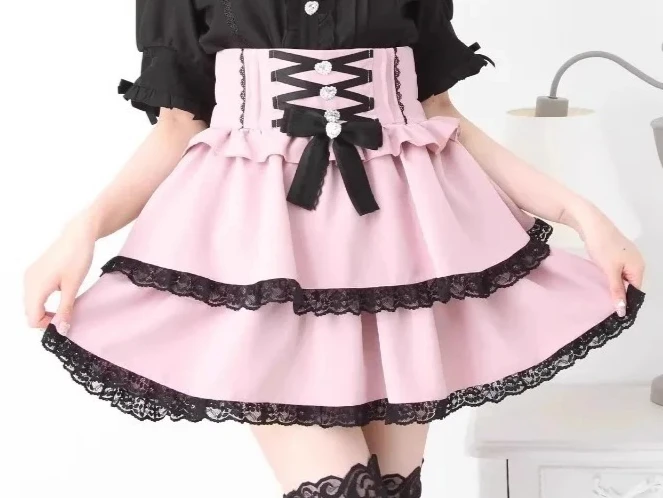 

Милые и милые девушки, универсальные юбки трапециевидной формы с кружевными краями и бантом для женщин, японская тяжелая промышленность, утягивающая короткая юбка с высокой талией