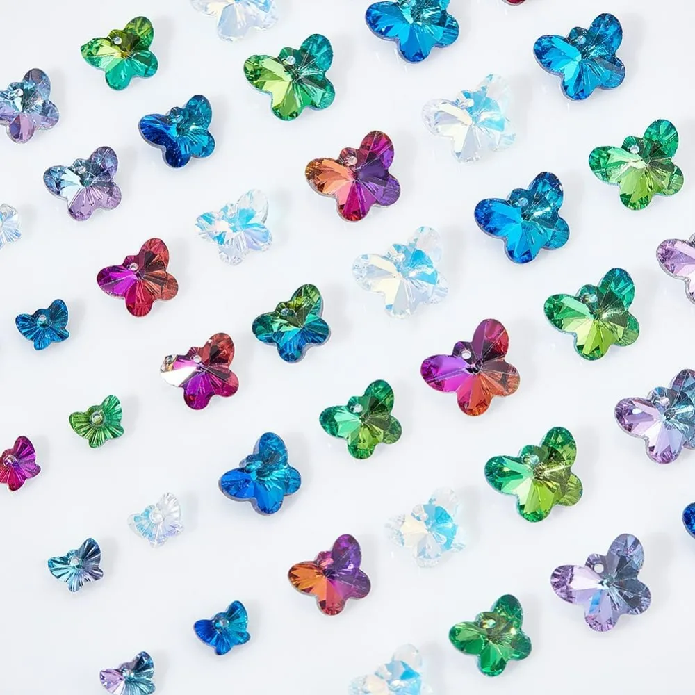 60 Pcs Butterfly Glass Beads, 15 Style Butterfly Spacer Beads, Top Drilled Butterfly Crystal Facted Glass Beads Bulk for Earring