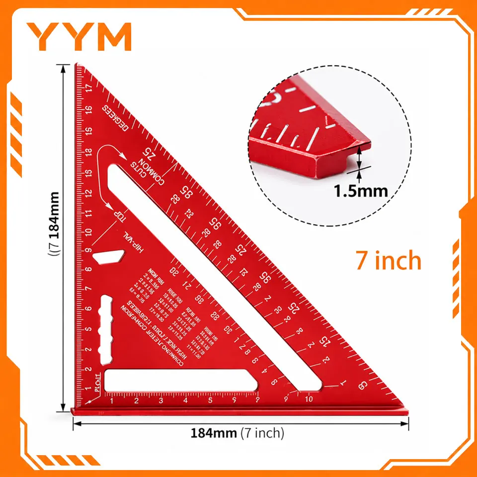 YYM 7Inch Triangle Ruler Aluminium Alloy, Inch Metric Angle Protractor Precision Carpenter Measuring Tool