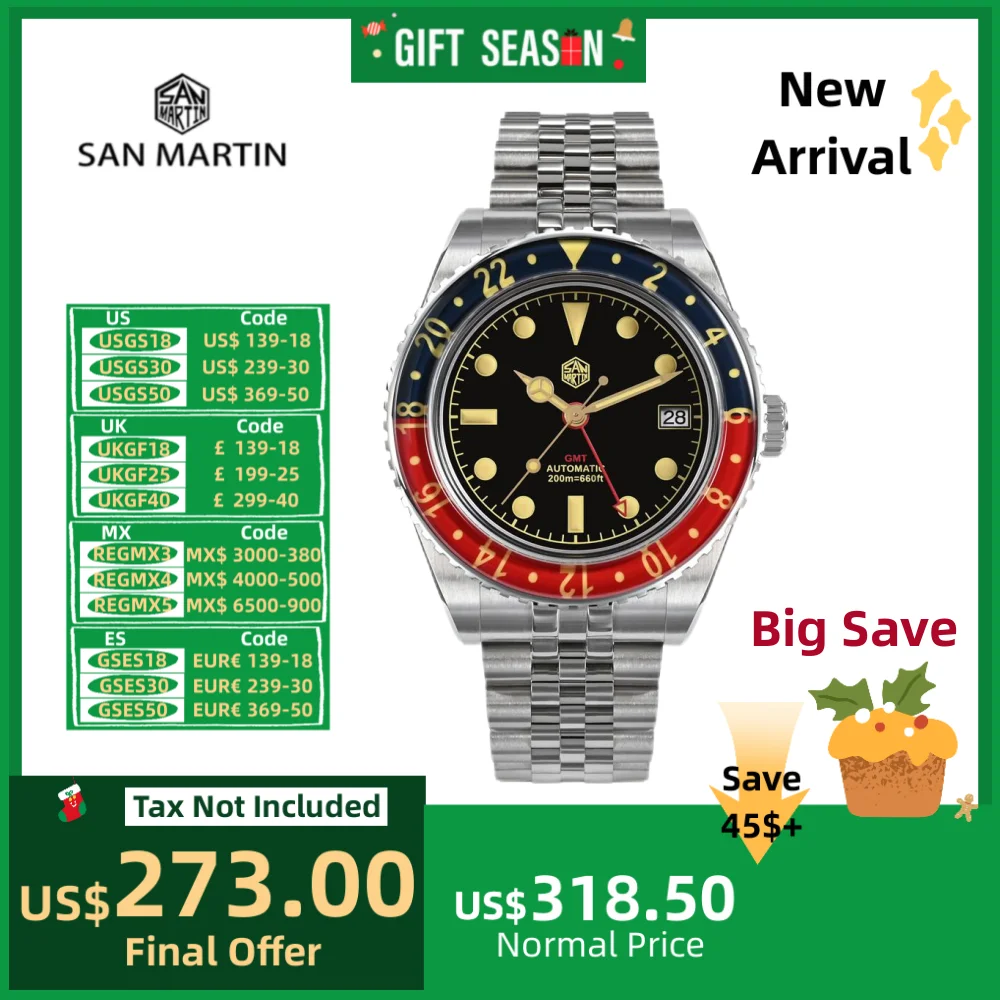 San Martin 40mm NH34 GMT Diver\'s Watch For Men Sapphire Bezel Jubilee Bracelet On The Fly Adjust Clasp 20Bar Saat Erkek SN0005B